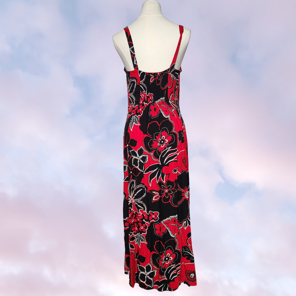 Vtg Y2k Serendipity Maui Red Black Floral Hibiscus Tropical Sun Dress Sz M - Picture 4 of 8